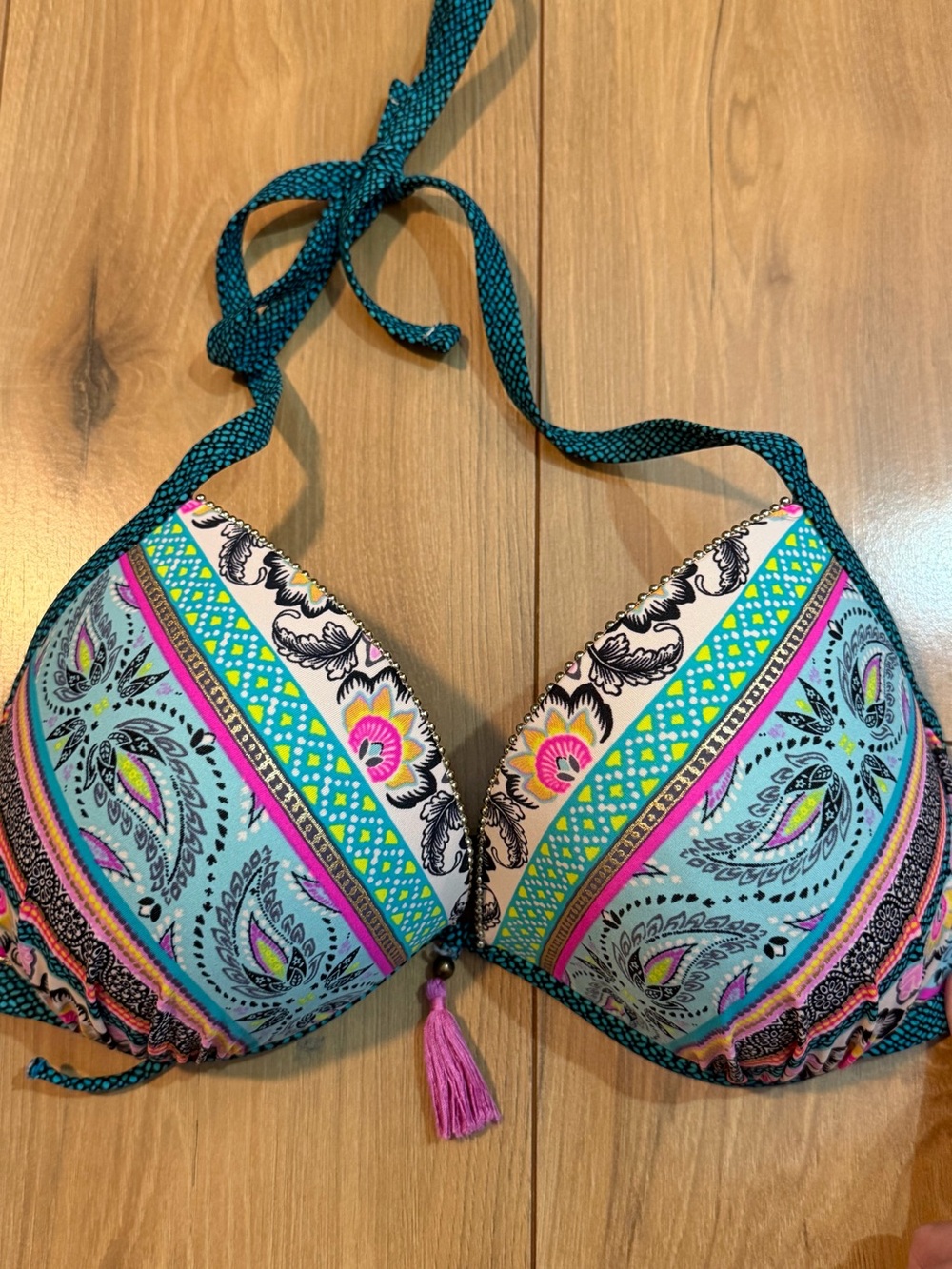Shade & Shore Turquoise Paisley Push-Up Bikini Halter Top with Pink Tassel
